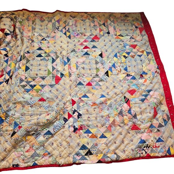 Handsewn Quilt Feedsack Crown of Thorns Red Back Tied Needs Repair Twin Size VTG - Picture 8 of 16